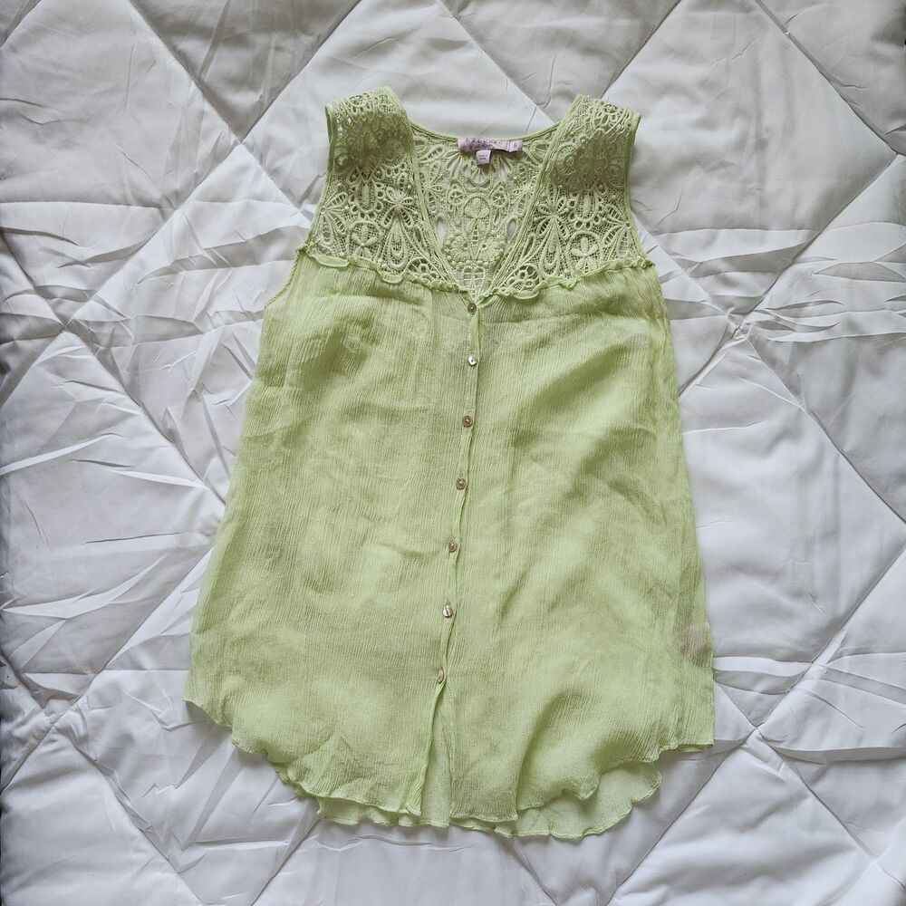 100% Silk Calypso St Barth Button Up Tank Green Size Small